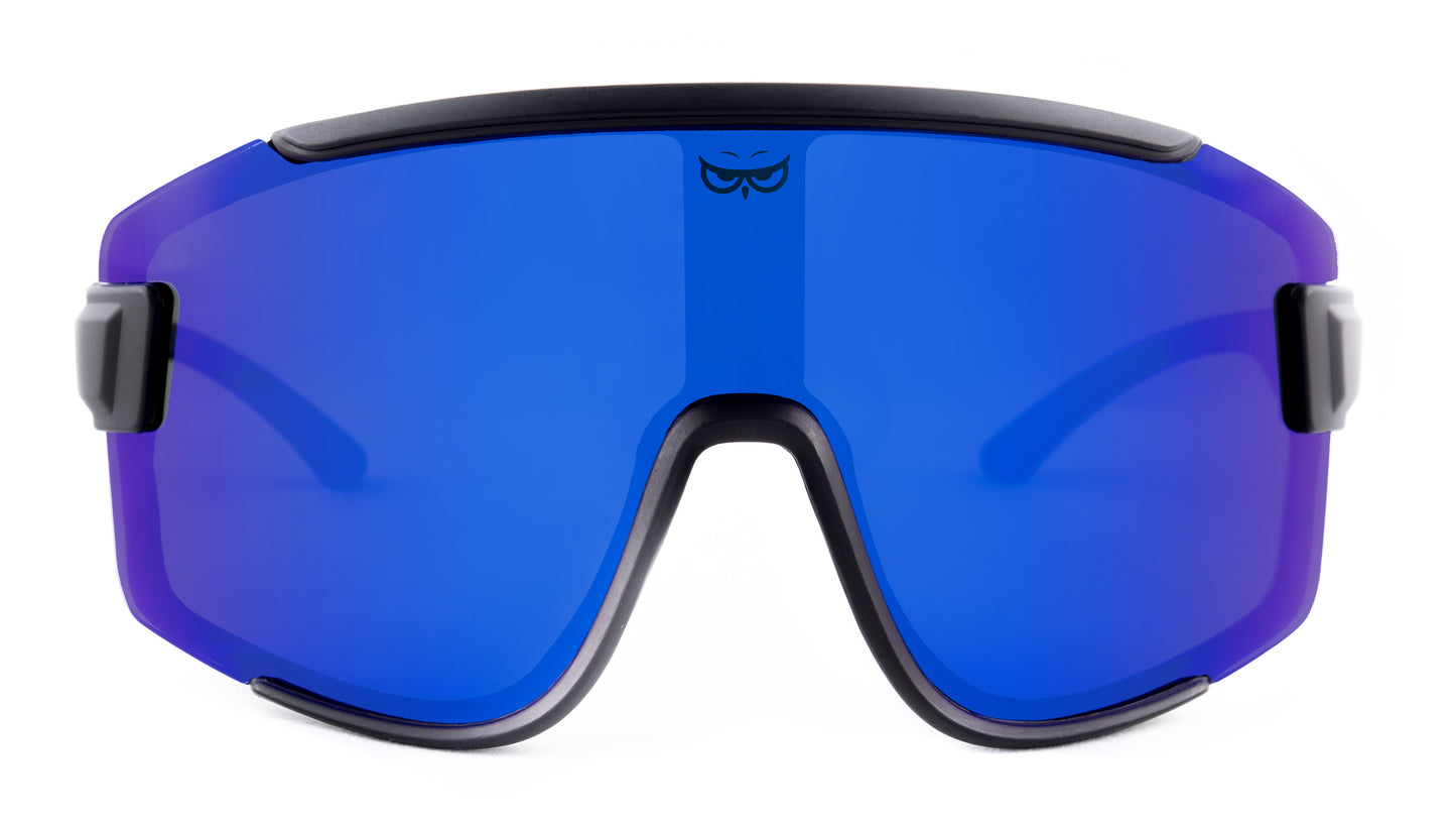 Gnarly Owl HooHoo Blue české polarizační sportovní sluneční brýle na sport výměnné polarizační fotochromatický zorník česká značka sova černý rámeček modré pánské dámské doživotní záruka nemlží se zepředu