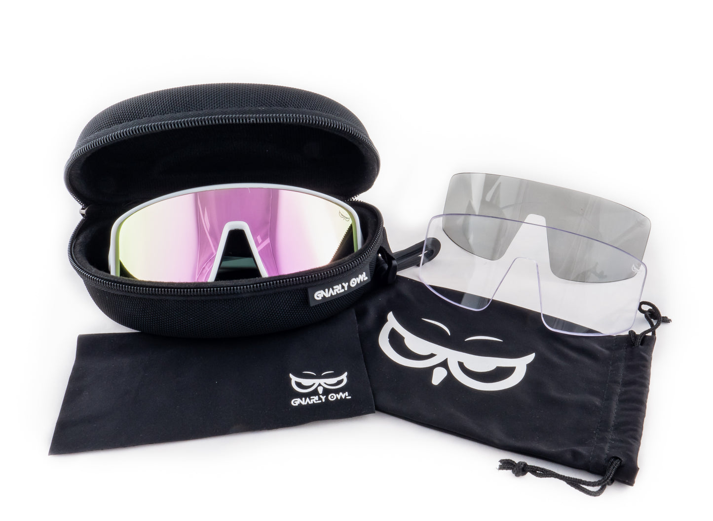 Gnarly Owl Ookpik White české polarizační sportovní sluneční brýle na sport výměnné polarizační fotochromatický zorník česká značka sova bílý rámeček růžové pánské dámské doživotní záruka nemlží se sada ochranné pouzdro mikrovláknový pytlík