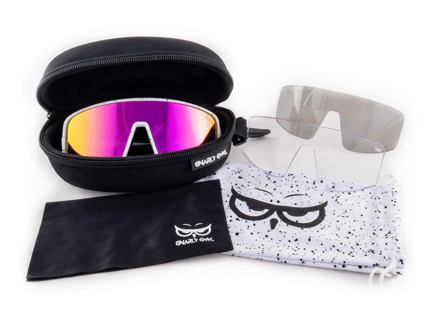 Gnarly Owl Ookpik White Splash české polarizační sportovní sluneční brýle na sport výměnné polarizační fotochromatický zorník česká značka sova bílý rámeček červené pánské dámské doživotní záruka nemlží se sada ochranné pouzdro mikrovláknový pytlík