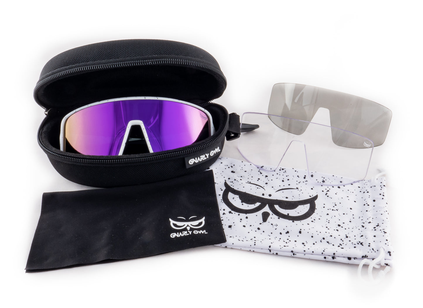 Gnarly Owl Ookpik White Splash české polarizační sportovní sluneční brýle na sport výměnné polarizační fotochromatický zorník česká značka sova bílý rámeček fialové pánské dámské doživotní záruka nemlží se sada ochranné pouzdro mikrovláknový pytlík