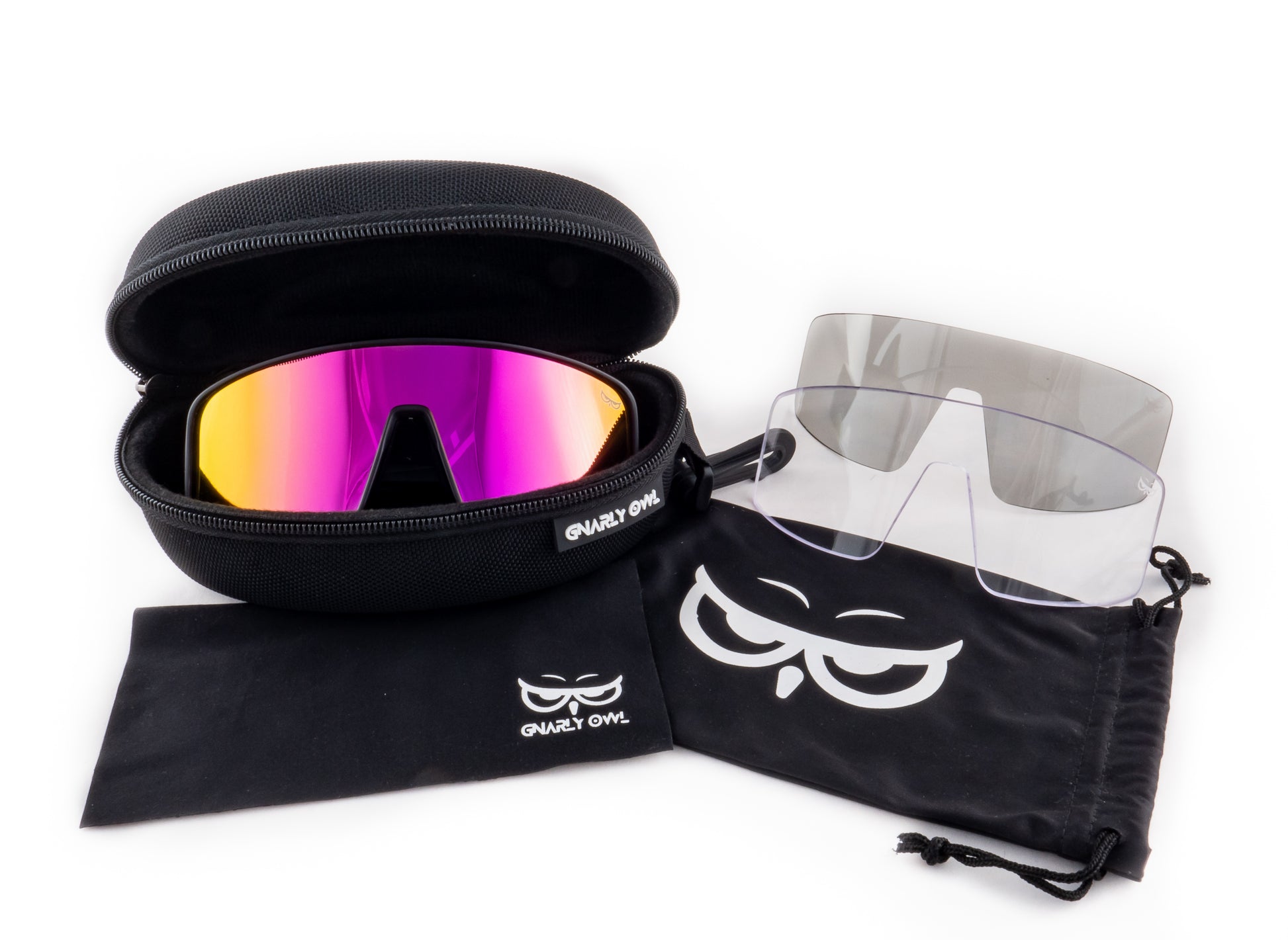Gnarly Owl Ookpik Black polarizační sportovní sluneční brýle na sport výměnné polarizační fotochromatický zorník česká značka sova černý rámeček červené pánské dámské set sada ochranné pouzdro pytlík