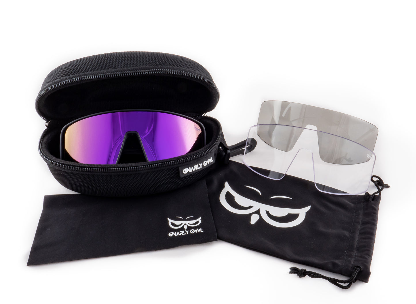 Gnarly Owl Ookpik Black polarizační sportovní sluneční brýle na sport výměnné polarizační fotochromatický zorník česká značka sova černý rámeček fialové pánské dámské set sada ochranné pouzdro pytlík