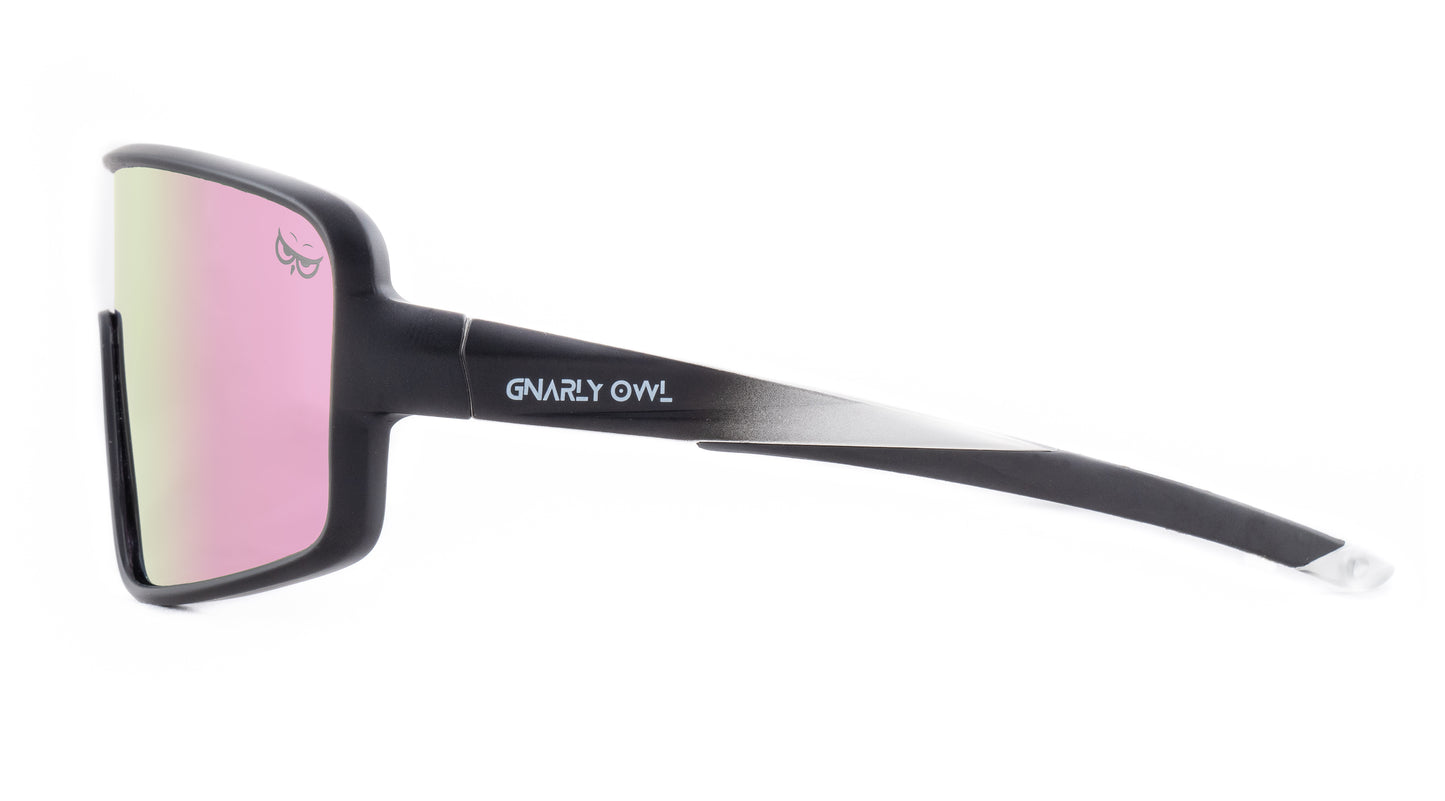 Gnarly Owl Ookpik Black polarizační sportovní sluneční brýle na sport výměnné polarizační fotochromatický zorník česká značka sova černý rámeček růžové pánské dámské zboku