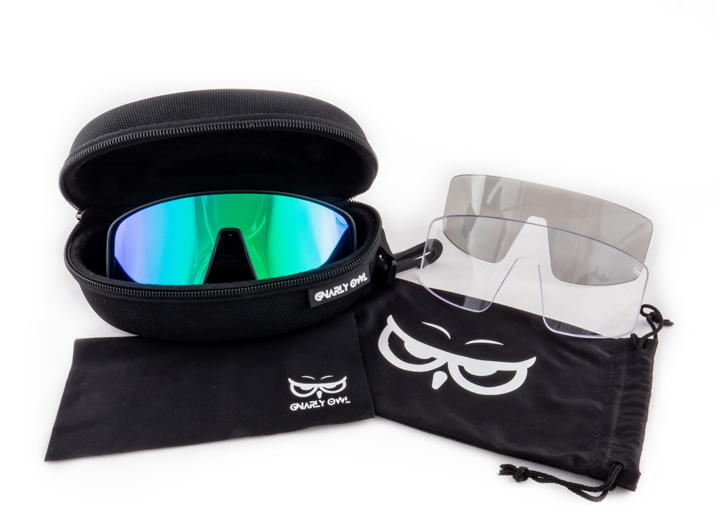 Gnarly Owl Ookpik Black polarizační sportovní sluneční brýle na sport výměnné polarizační fotochromatický zorník česká značka sova černý rámeček zelené pánské dámské set sada ochranné pouzdro pytlík