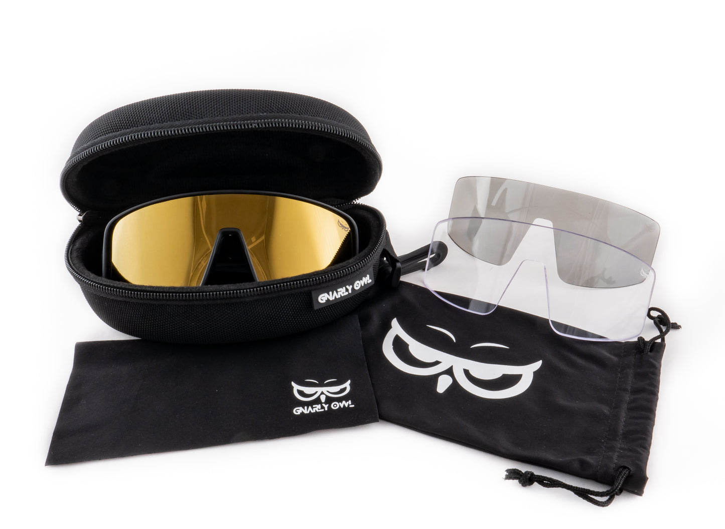 Gnarly Owl Ookpik Black polarizační sportovní sluneční brýle na sport výměnné polarizační fotochromatický zorník česká značka sova černý rámeček zlaté pánské dámské set sada ochranné pouzdro pytlík