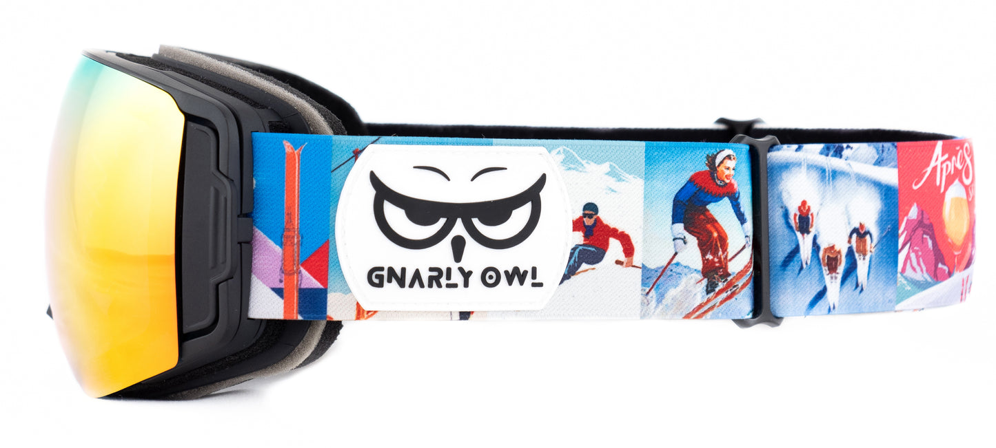 Gnarly Owl polarizační lyžařské snowboardové skialpové splitboardové brýle česká značka červený rudý zrcadlový REVO zorník magnetické výměnné zorníky bezrámečkový design gumové logo sova vintage retro pásek pivo ženská gondola lanovka