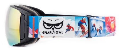 Gnarly Owl polarizační lyžařské snowboardové skialpové splitboardové brýle česká značka růžový REVO zorník magnetické výměnné zorníky bezrámečkový design gumové logo sova vintage retro pásek pivo ženská gondola lanovka