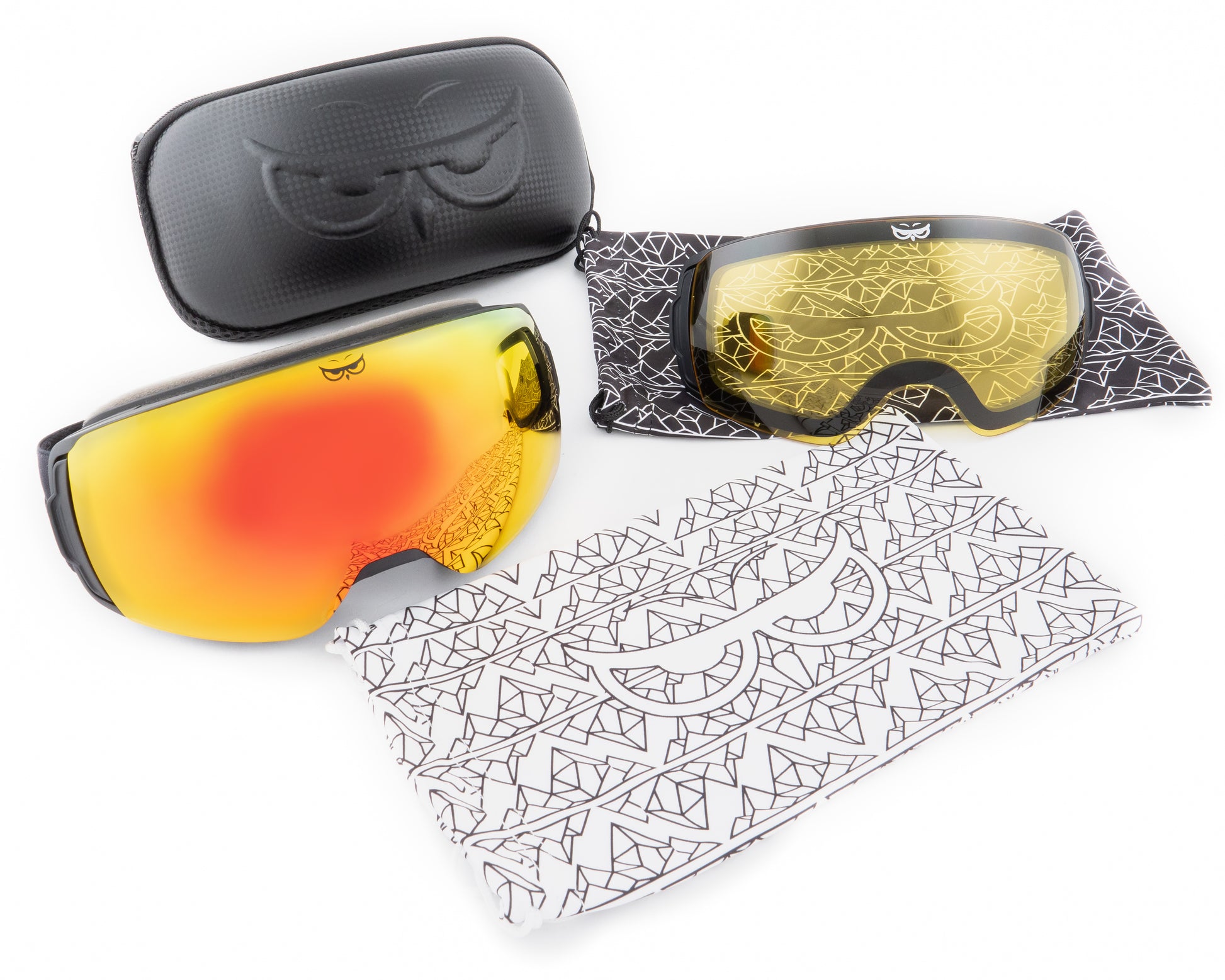 Gnarly Owl polarizační lyžařské snowboardové skialpové splitboardové brýle česká značka červený zrcadlový REVO zorník součást balení čistící pytlík obal náhradní žlutý rozjasňovací zorník pevné ultralehké pouzdro