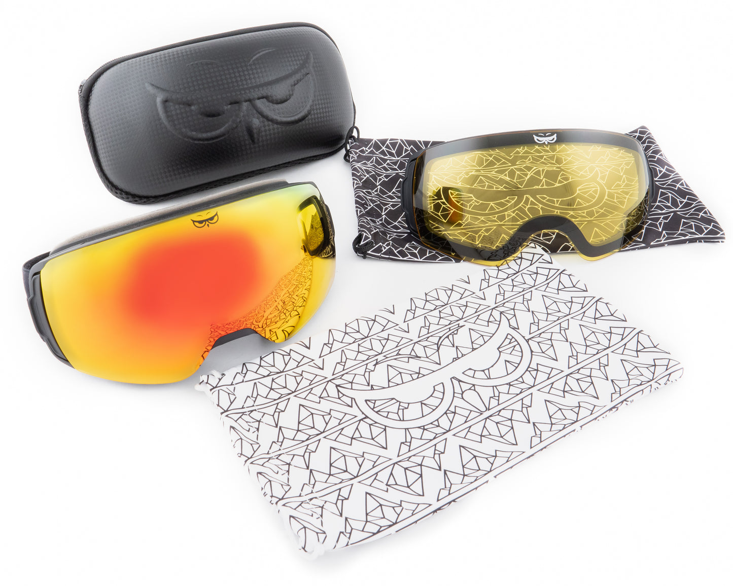 Gnarly Owl polarizační lyžařské snowboardové skialpové splitboardové brýle česká značka červený rudý zrcadlový REVO zorník součást balení čistící pytlík obal náhradní žlutý rozjasňovací zorník pevné ultralehké pouzdro