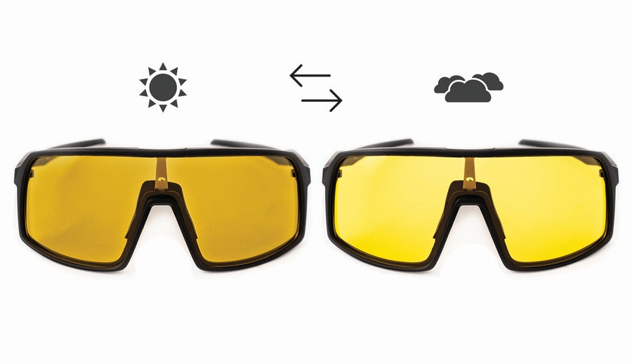 fotochromatický zorník Gnarly Owl Ninox Strix Xenox samozabarvující se zorník do všech podmínek na kolo cyklistické brýle na skialpy světlo stíny pod mrakem zataženo slunečno