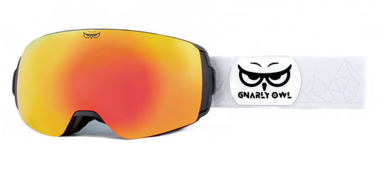 Gnarly Owl polarizační lyžařské snowboardové skialpové splitboardové brýle česká značka červený zrcadlový REVO zorník bílý pásek dámské pánské brýle malý obličej magnetické zorníky