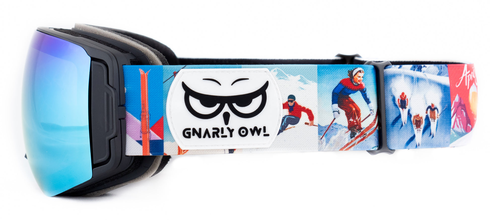 Gnarly Owl polarizační lyžařské snowboardové skialpové splitboardové brýle česká značka ledovcově modrý zrcadlový REVO zorník magnetické výměnné zorníky bezrámečkový design gumové logo sova vintage retro pásek pivo ženská gondola lanovka
