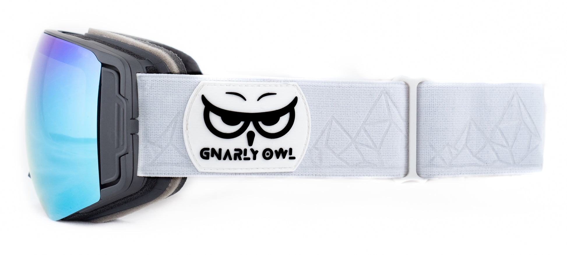 Gnarly Owl polarizační lyžařské snowboardové skialpové splitboardové brýle česká značka ledovcově modrý zrcadlový REVO zorník magnetické výměnné zorníky bezrámečkový design gumové logo sova embosovaný bílý pásek