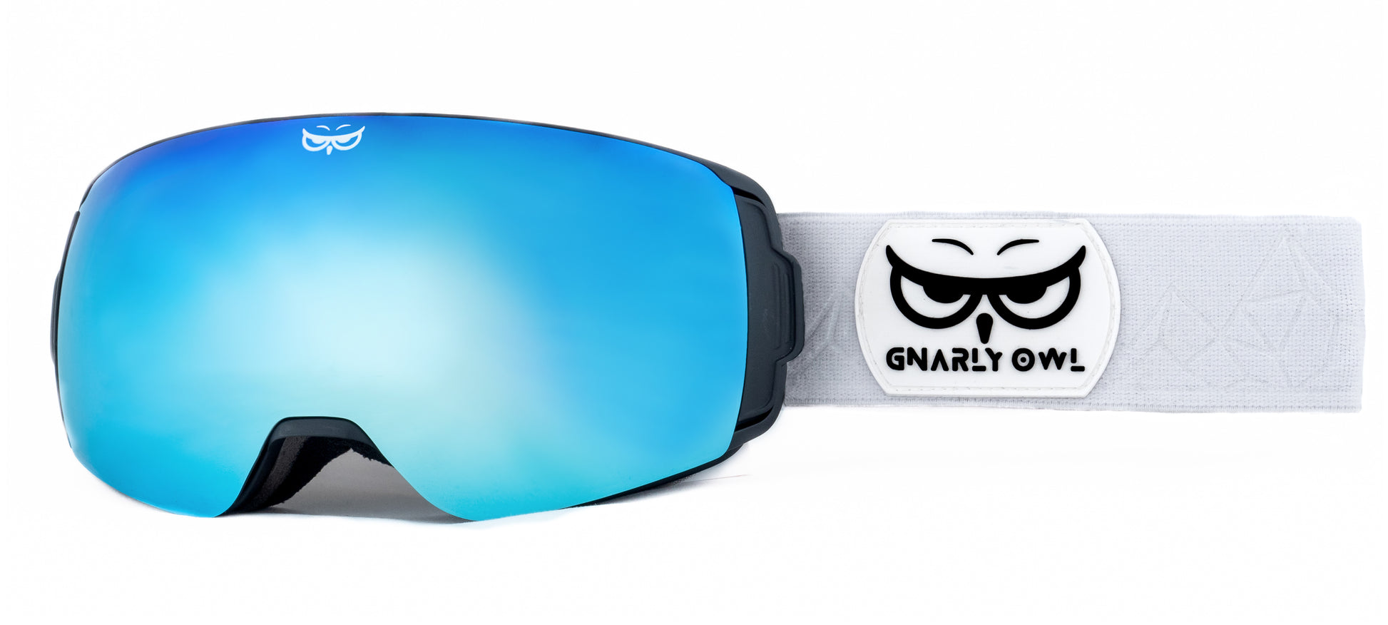 Gnarly Owl polarizační lyžařské snowboardové skialpové splitboardové brýle česká značka ledovcově modrý zrcadlový REVO zorník bílý pásek dámské pánské brýle malý obličej magnetické zorníky