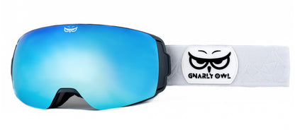 Gnarly Owl polarizační lyžařské snowboardové skialpové splitboardové brýle česká značka ledovcově modrý zrcadlový REVO zorník bílý pásek dámské pánské brýle malý obličej magnetické zorníky