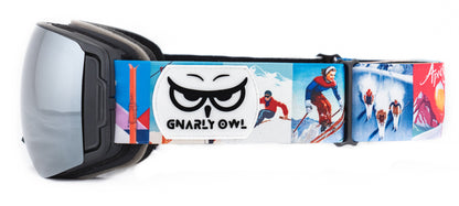 Gnarly Owl polarizační lyžařské snowboardové skialpové splitboardové brýle česká značka stříbrný zrcadlový REVO zorník magnetické výměnné zorníky bezrámečkový design gumové logo sova vintage retro pásek pivo ženská gondola lanovka