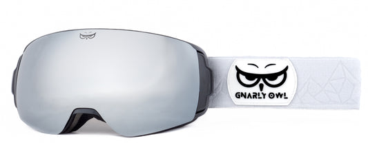 Gnarly Owl polarizační lyžařské snowboardové skialpové splitboardové brýle česká značka stříbrný zrcadlový REVO zorník bílý pásek dámské pánské brýle malý obličej magnetické zorníky